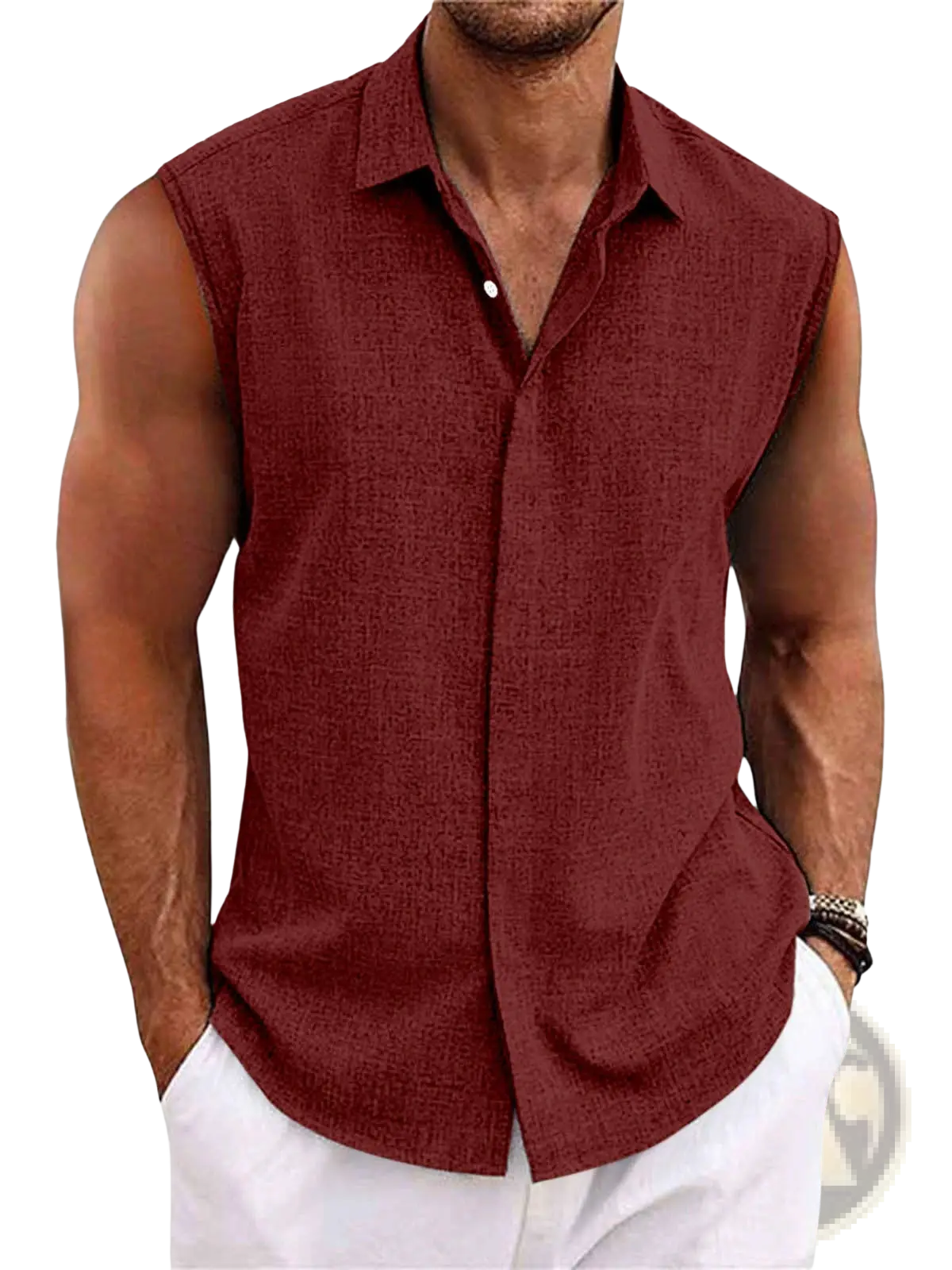 Men's Slim Fit Textured Sleeveless Linen Blend Beach Shirt