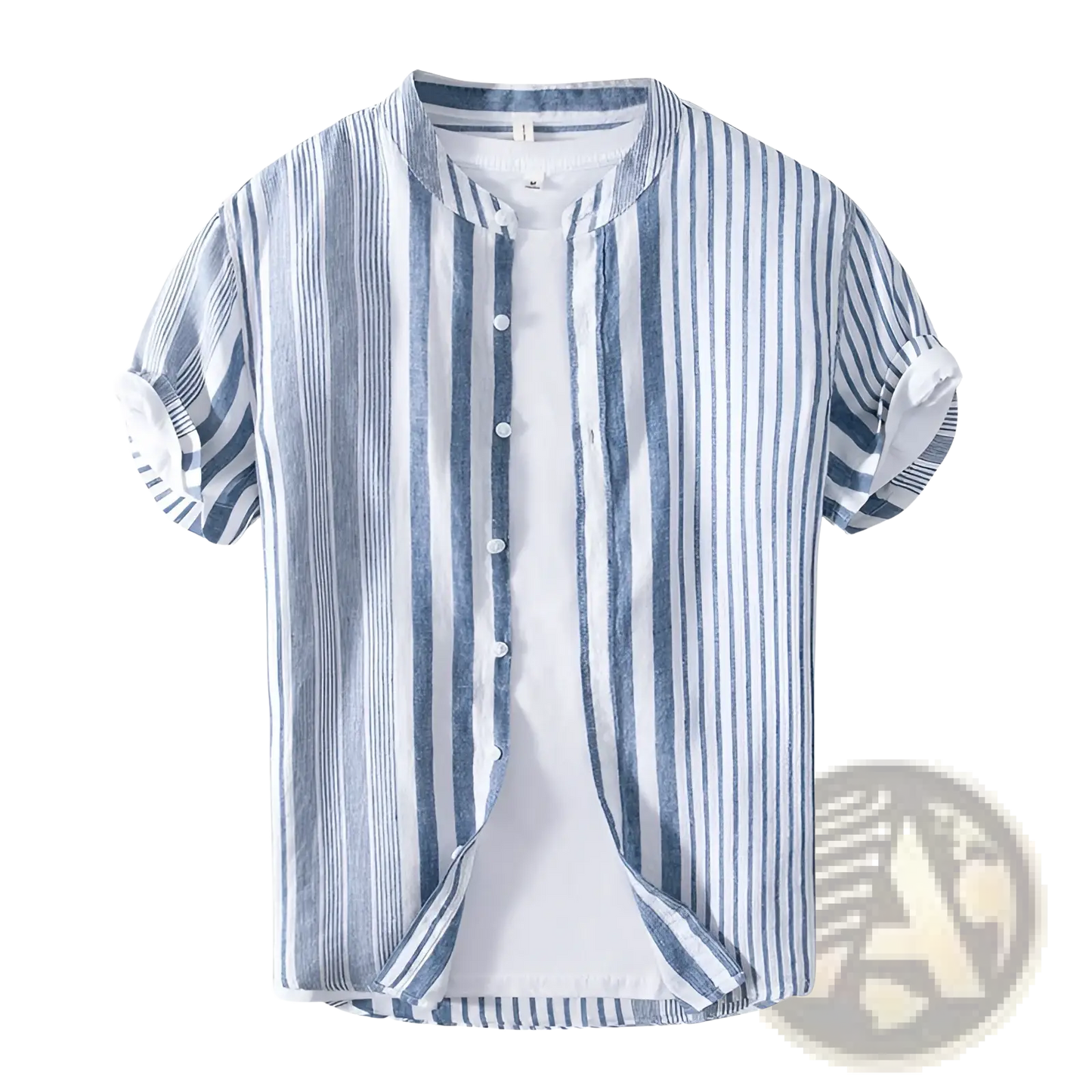 Men's Striped Linen Mandarin Collar Short Sleeve Shirt