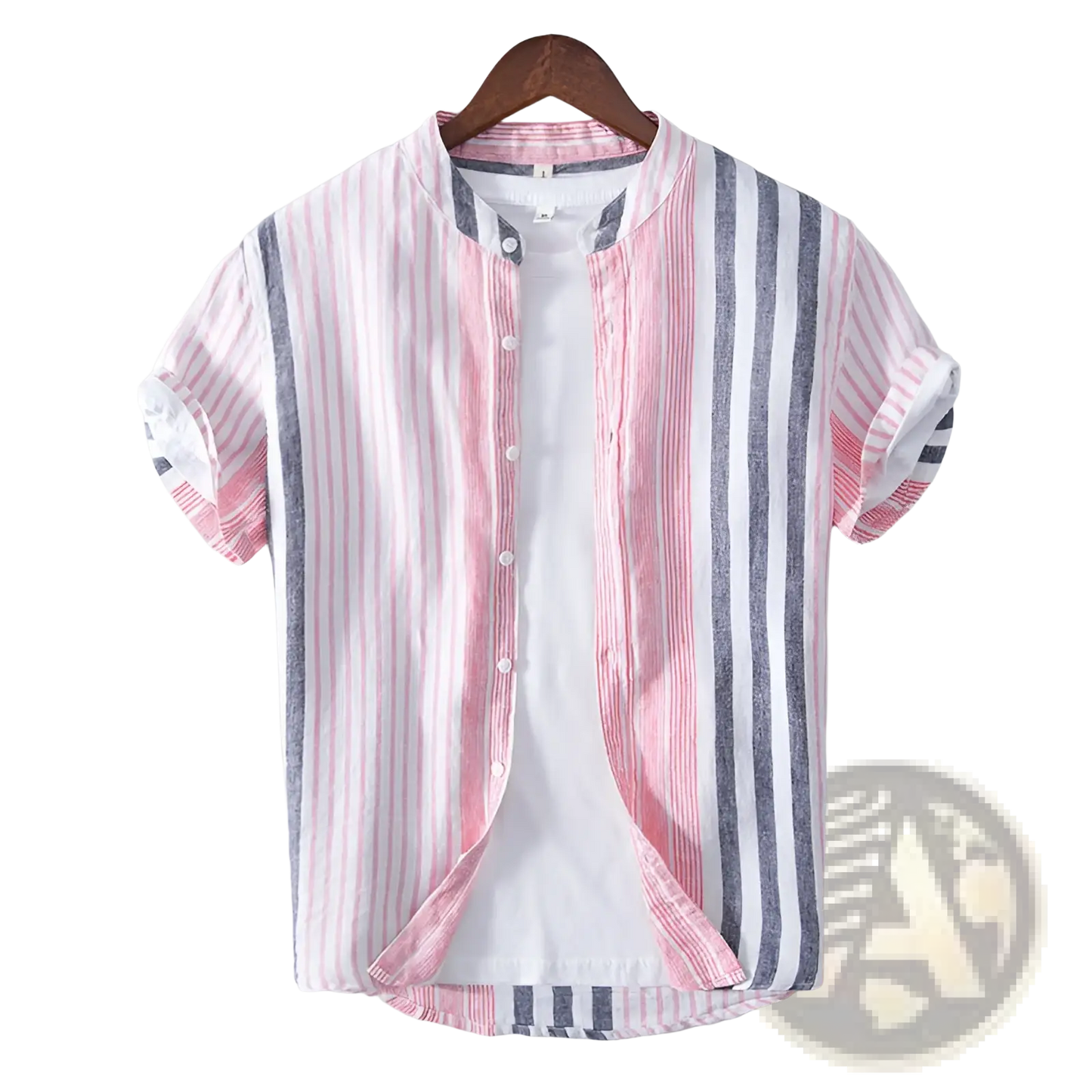 Men's Striped Linen Mandarin Collar Short Sleeve Shirt