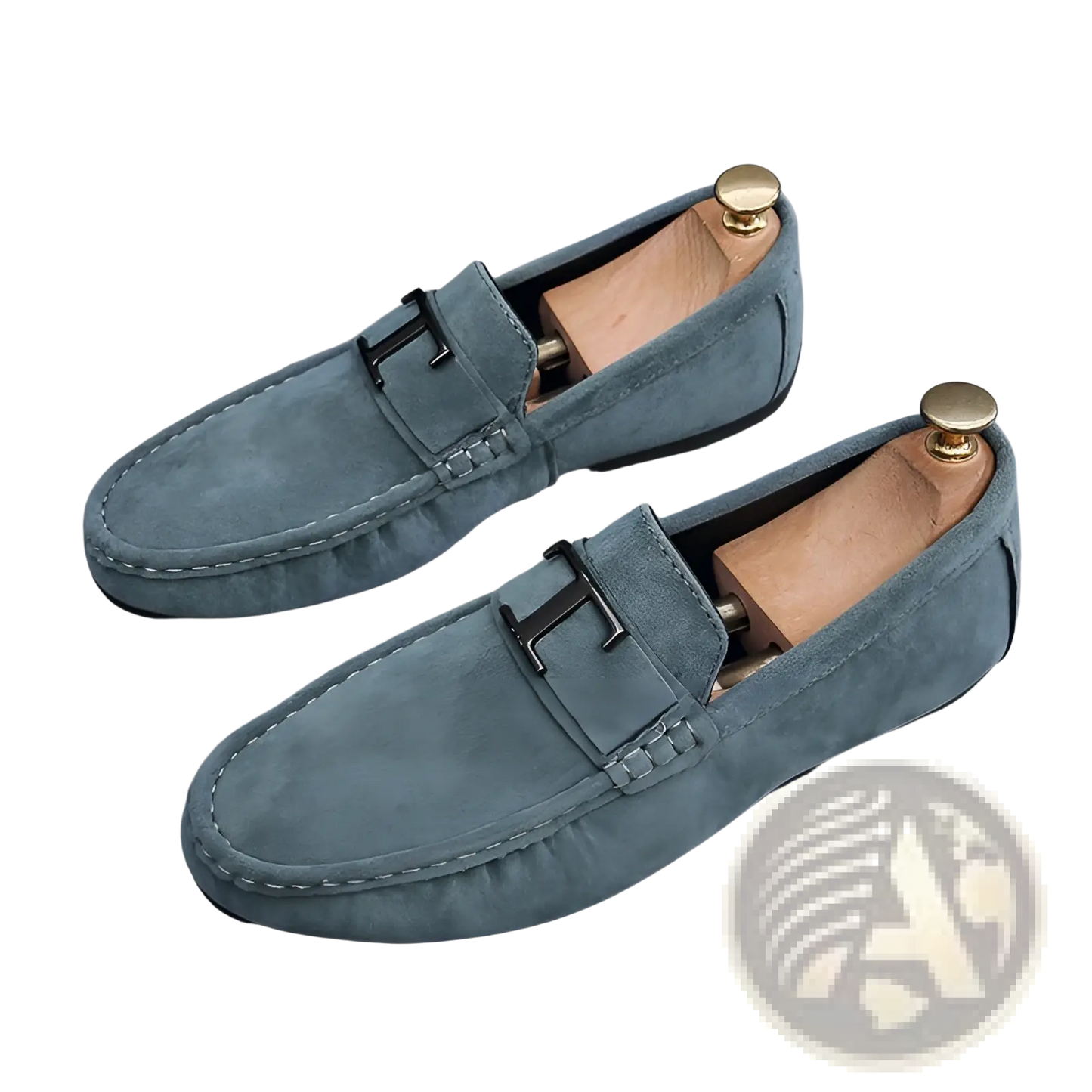 Men's Suede Loafers with Metal Buckle and Rubber Sole