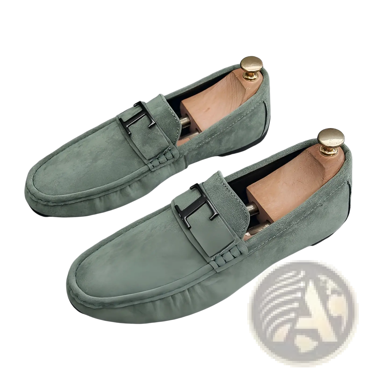 Men's Suede Loafers with Metal Buckle and Rubber Sole