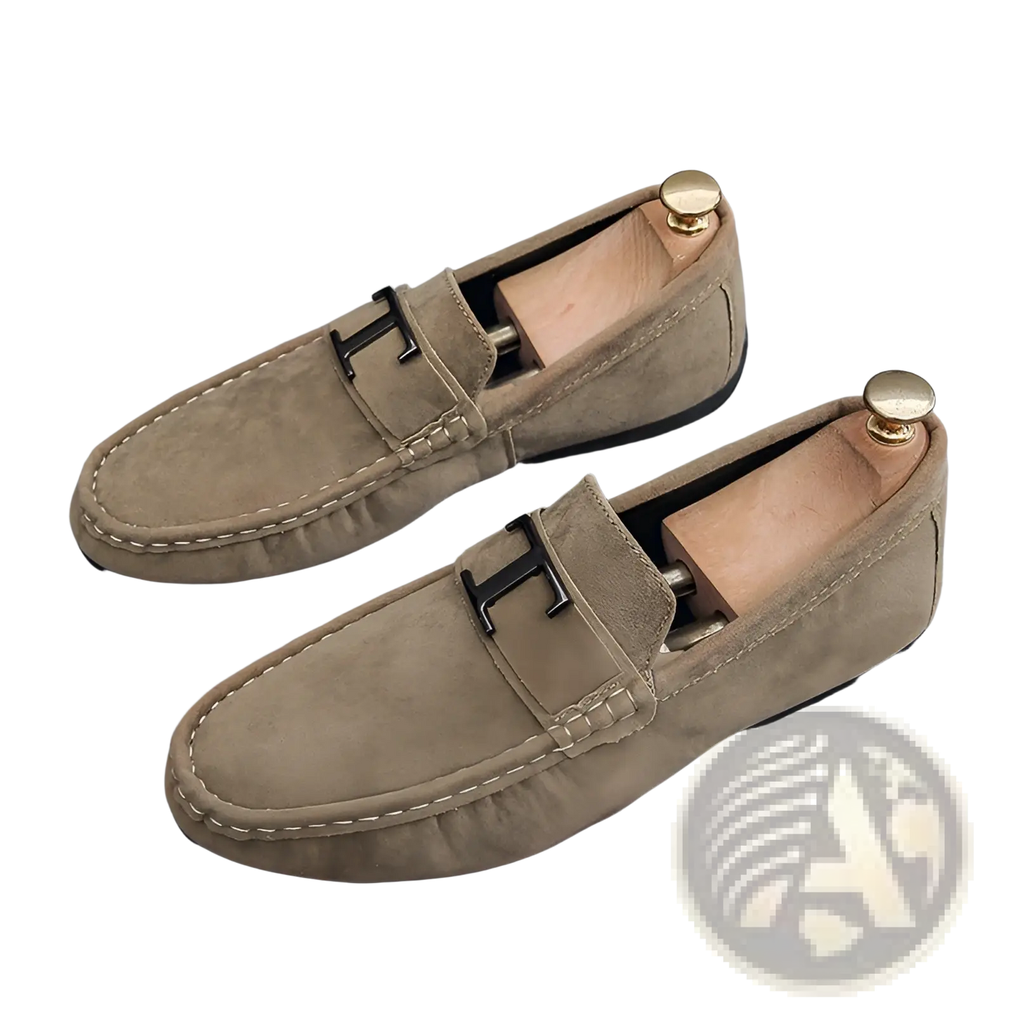 Men's Suede Loafers with Metal Buckle and Rubber Sole