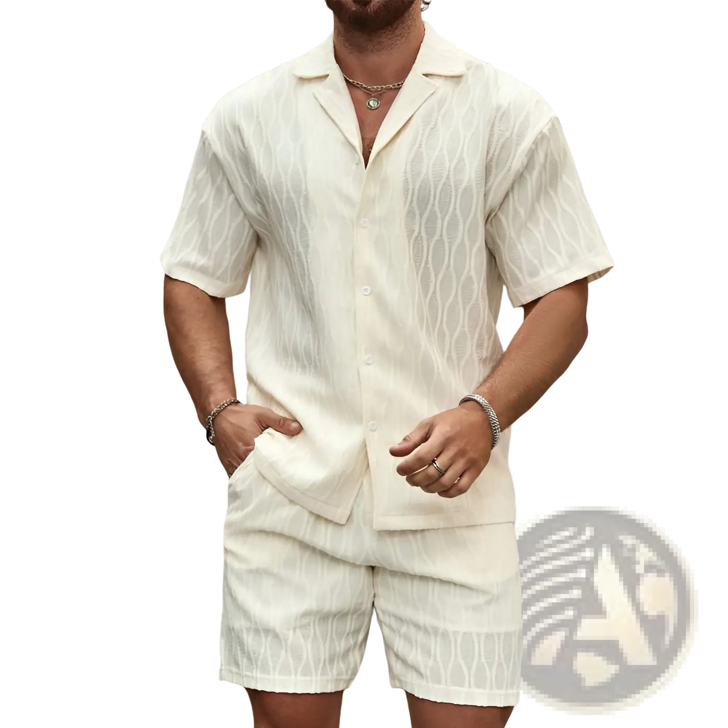 Men's Textured Wave Pattern Summer Shirt and Shorts Set
