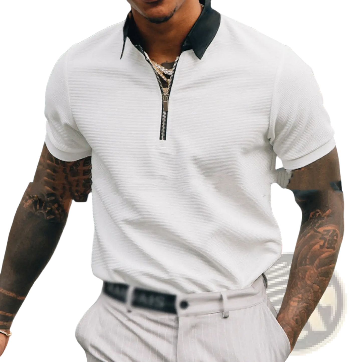 Men's Textured White Polo Shirt with Black Contrast Zipper