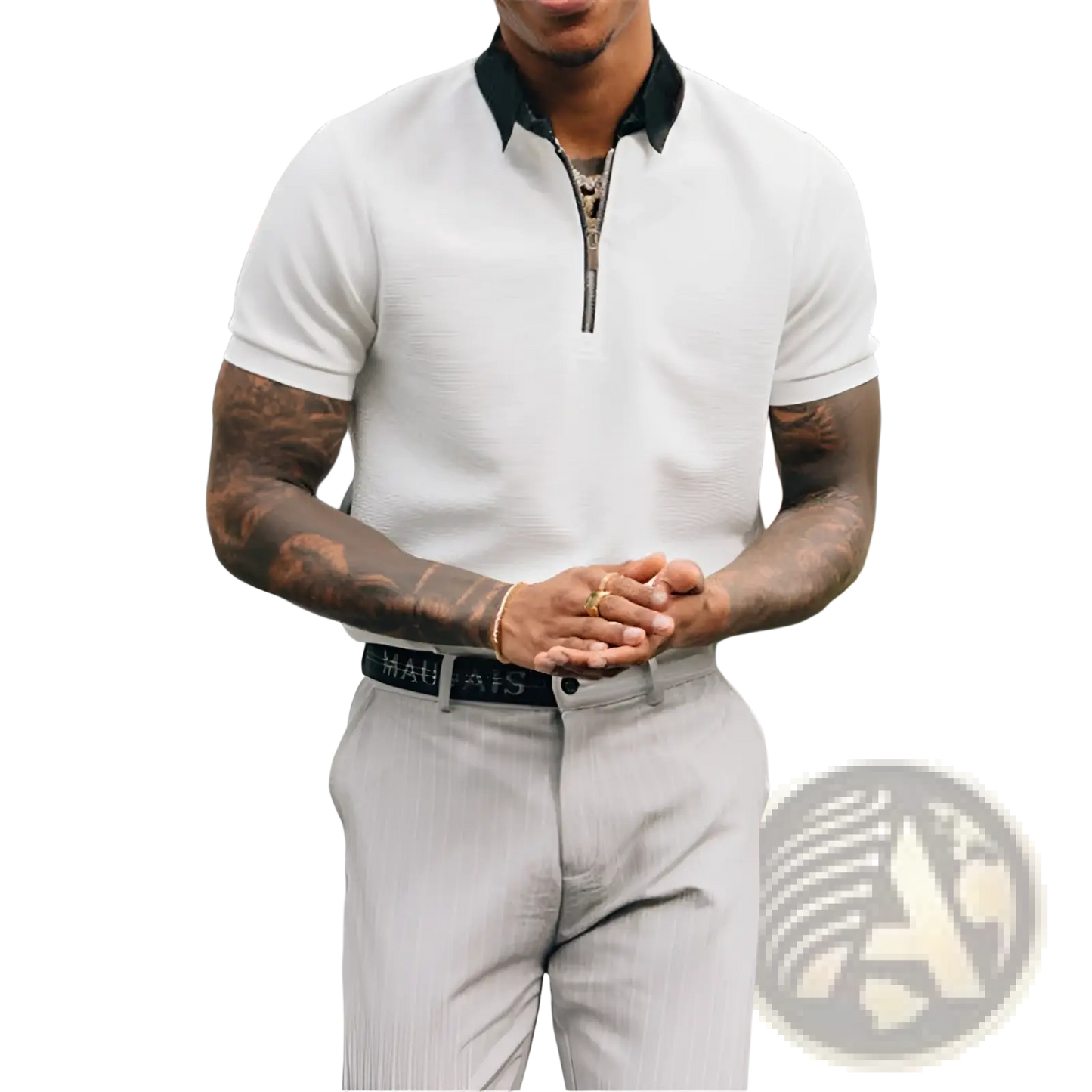 Men's Textured White Polo Shirt with Black Contrast Zipper