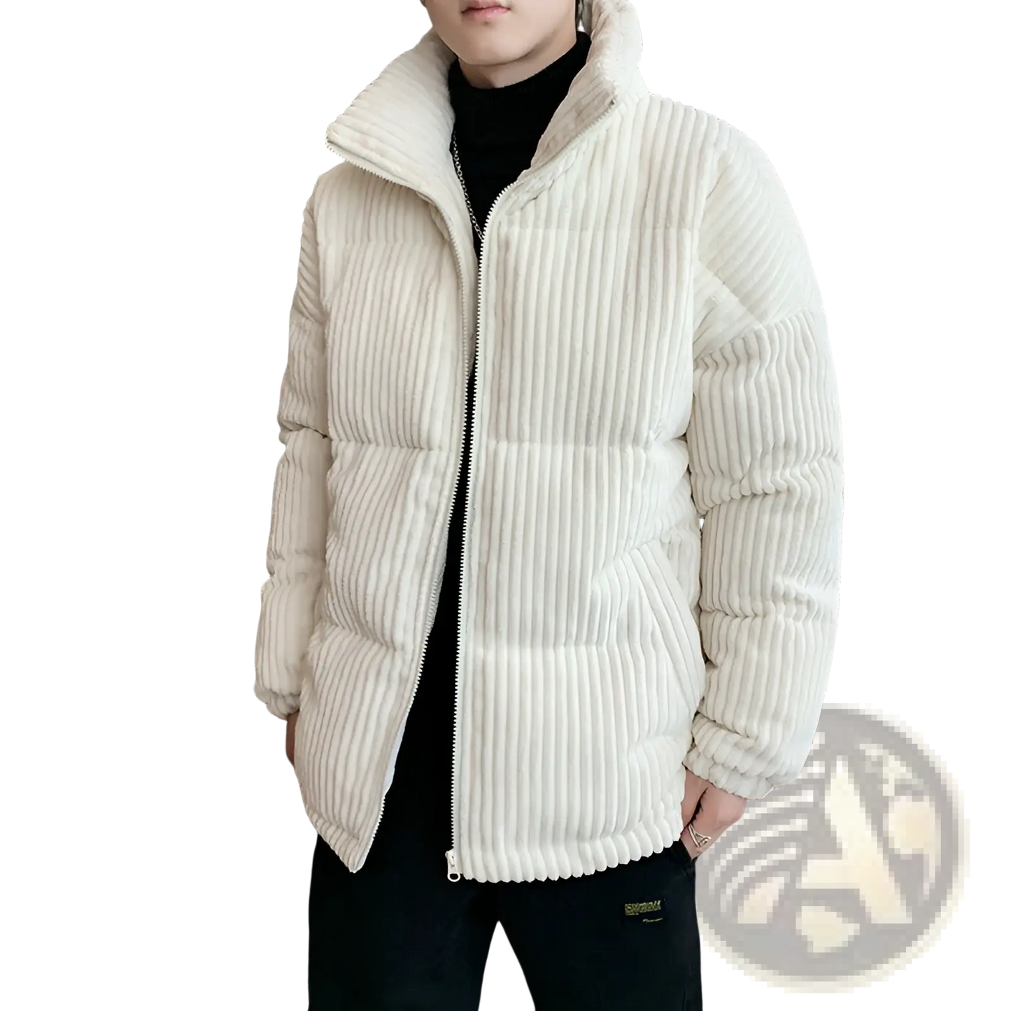 Men's Thickened Corduroy Puffer Jacket with High Collar
