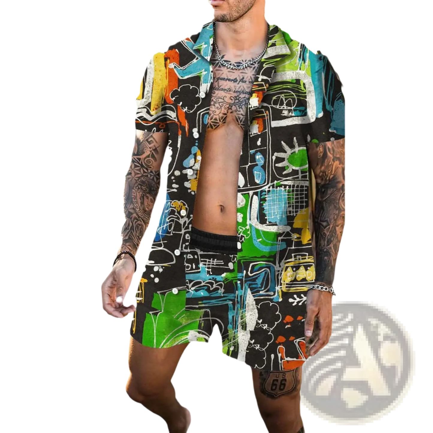 Men's Tropical Print Short Sleeve Shirt and Shorts Set