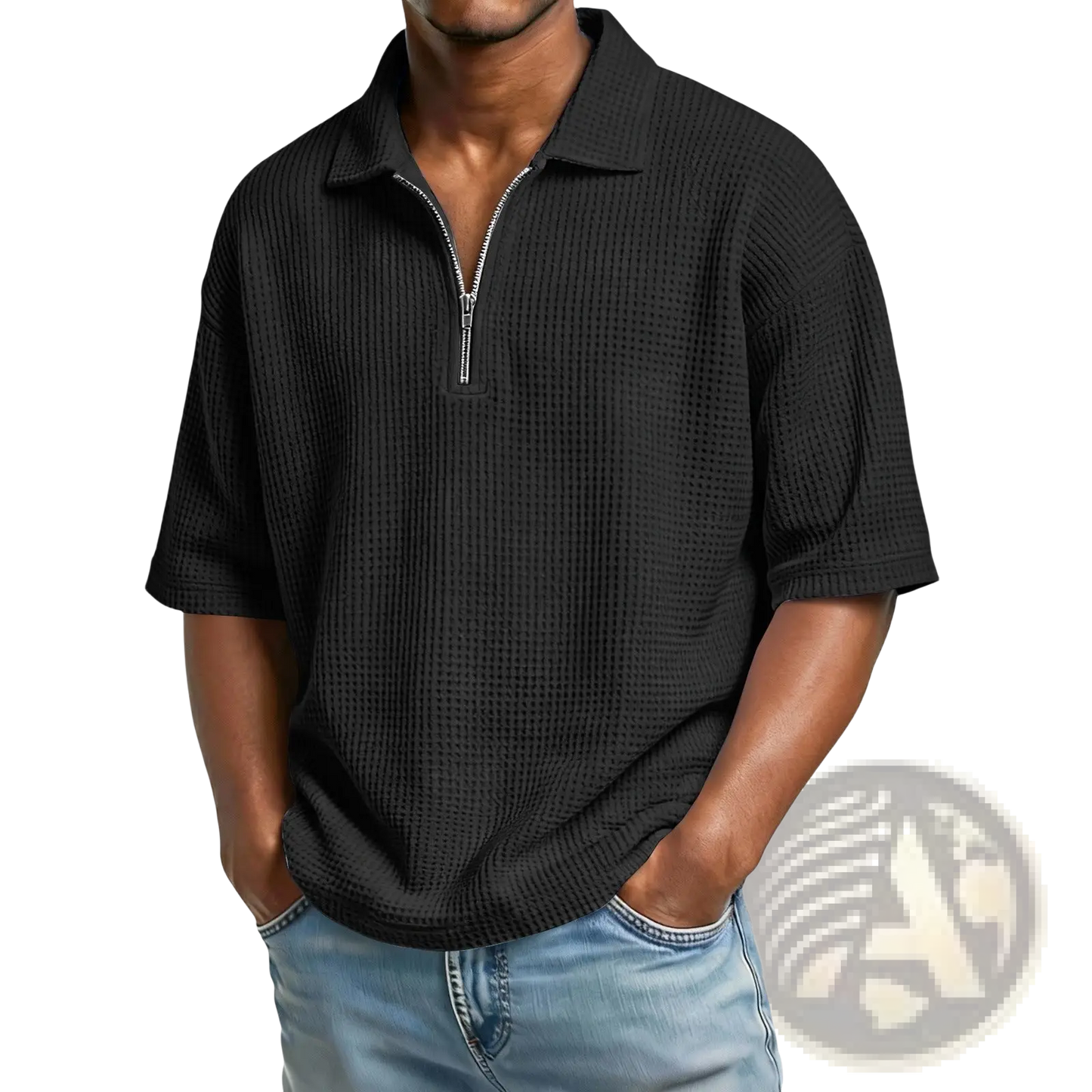 Men's Waffle Knit Half Zip Short Sleeve Polo Shirt
