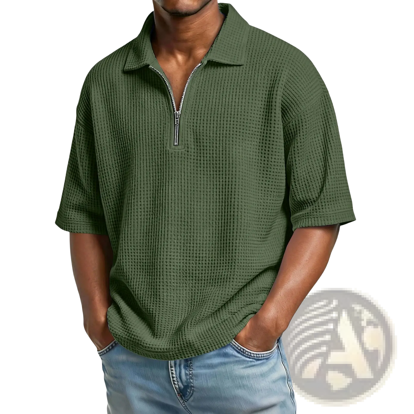 Men's Waffle Knit Half Zip Short Sleeve Polo Shirt
