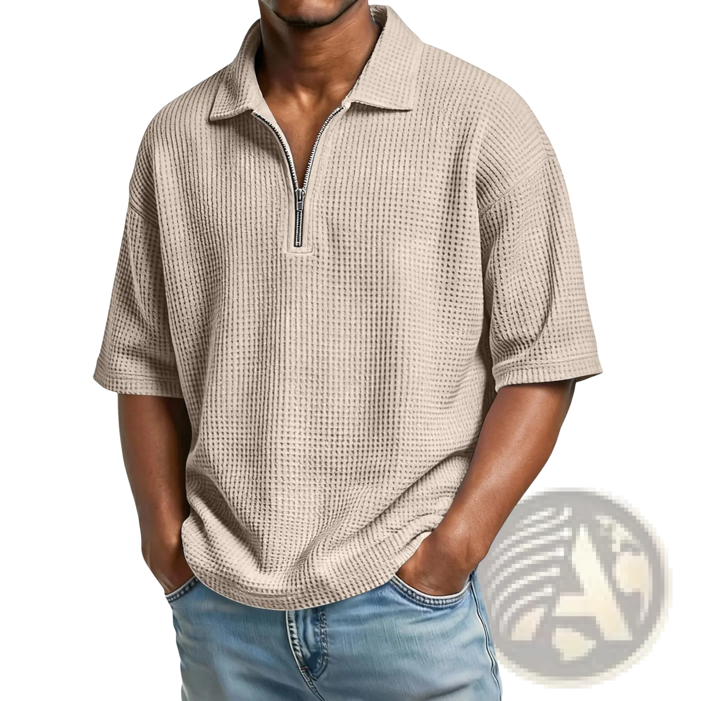 Men's Waffle Knit Half Zip Short Sleeve Polo Shirt