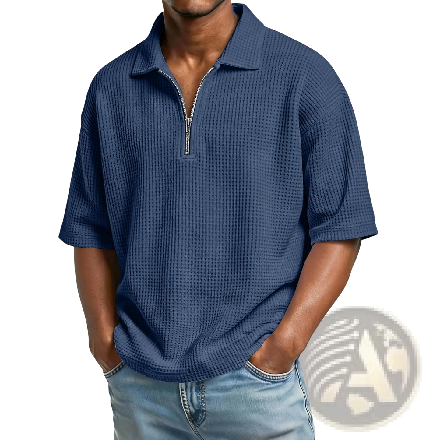 Men's Waffle Knit Half Zip Short Sleeve Polo Shirt