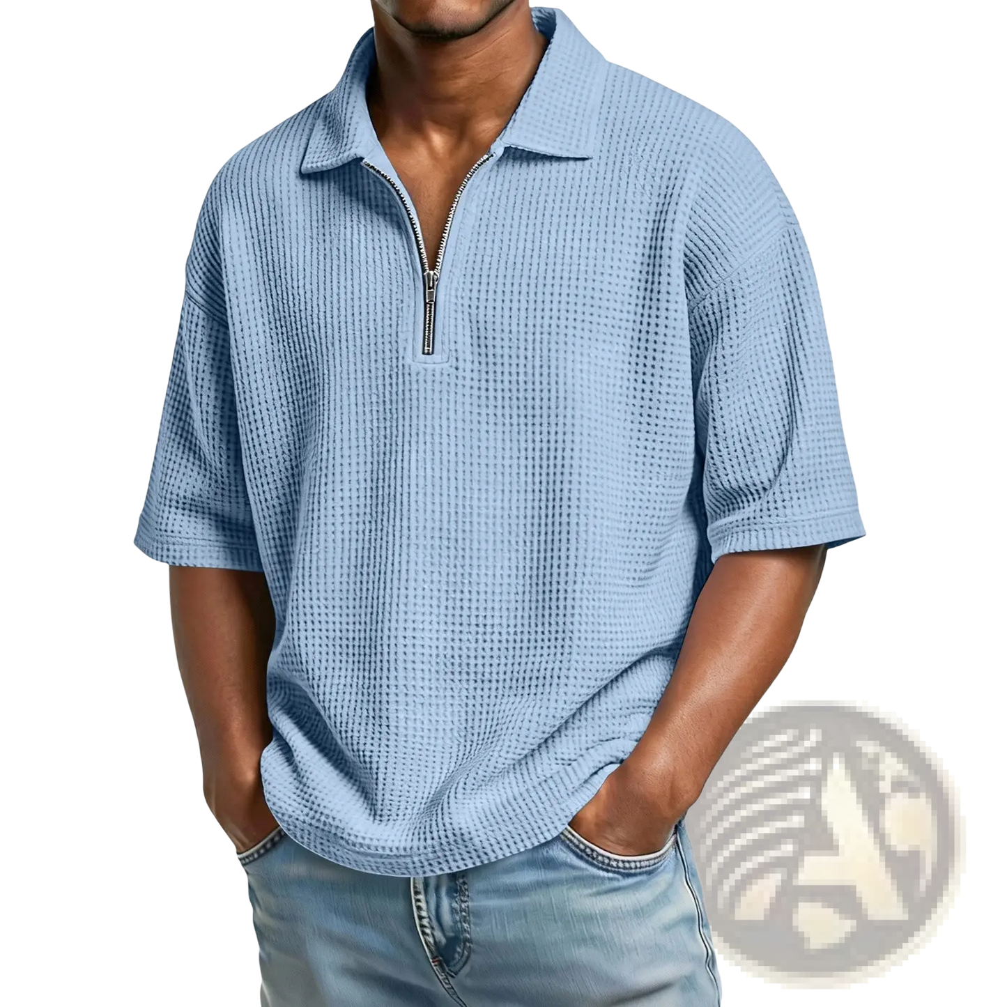 Men's Waffle Knit Half Zip Short Sleeve Polo Shirt