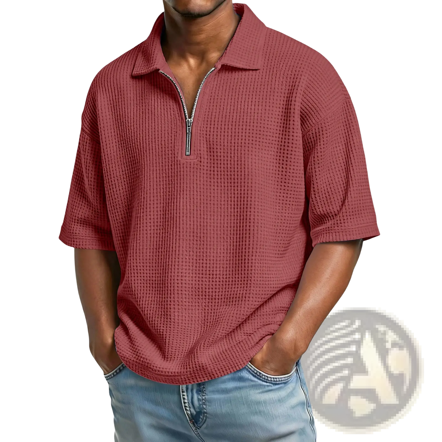 Men's Waffle Knit Half Zip Short Sleeve Polo Shirt