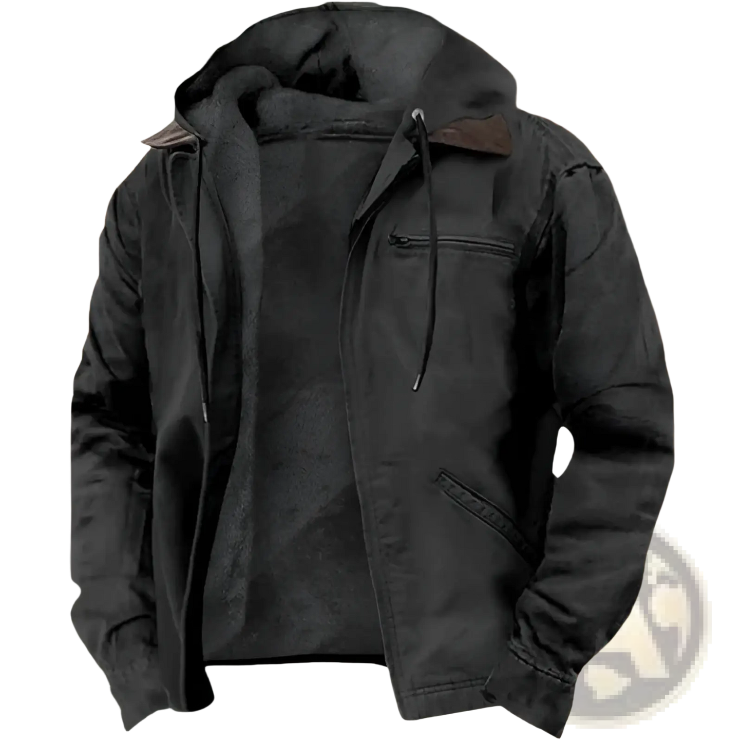 Men's Winter Fleece Lined Hooded Jacket with Leather Accents