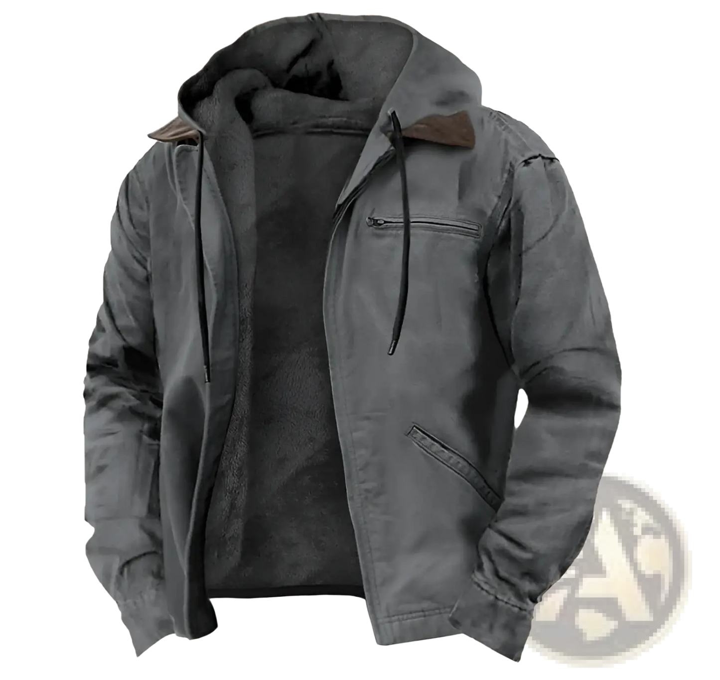 Men's Winter Fleece Lined Hooded Jacket with Leather Accents
