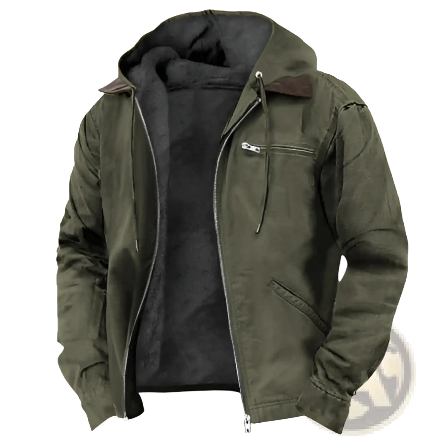 Men's Winter Fleece Lined Hooded Jacket with Leather Accents
