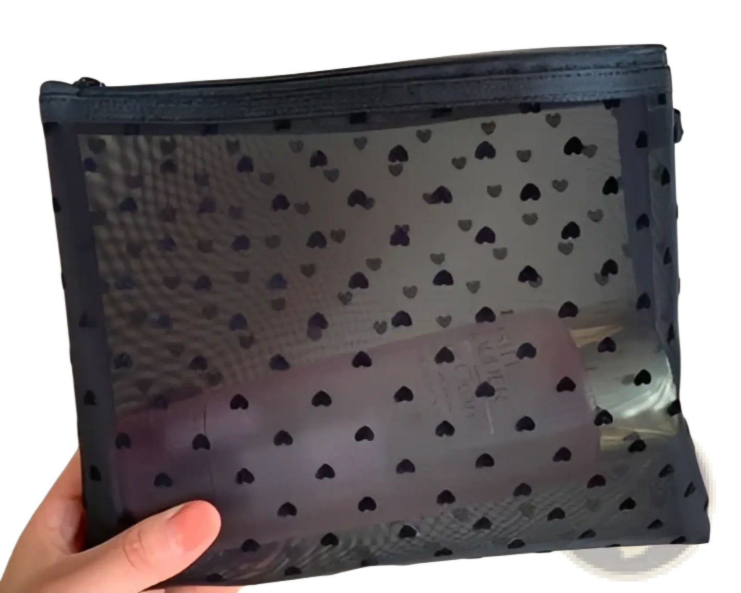 Mesh Makeup Bag with Black Heart Polka Dot Pattern