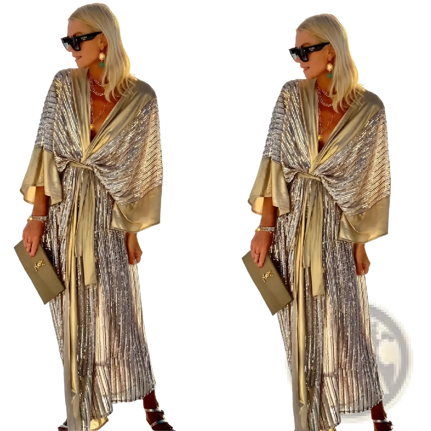 Metallic Bat Sleeve Pleated Sequin Maxi Dress