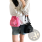 Mini Pink Mesh Drawstring Bucket Bag with Heart Charm