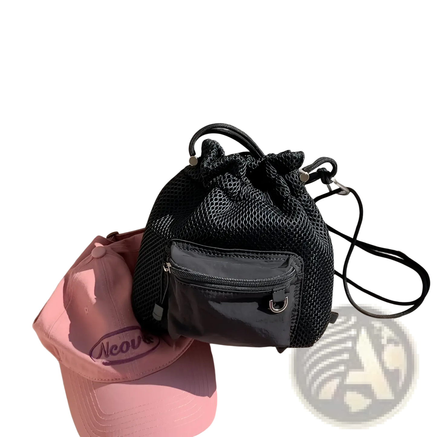 Mini Pink Mesh Drawstring Bucket Bag with Heart Charm