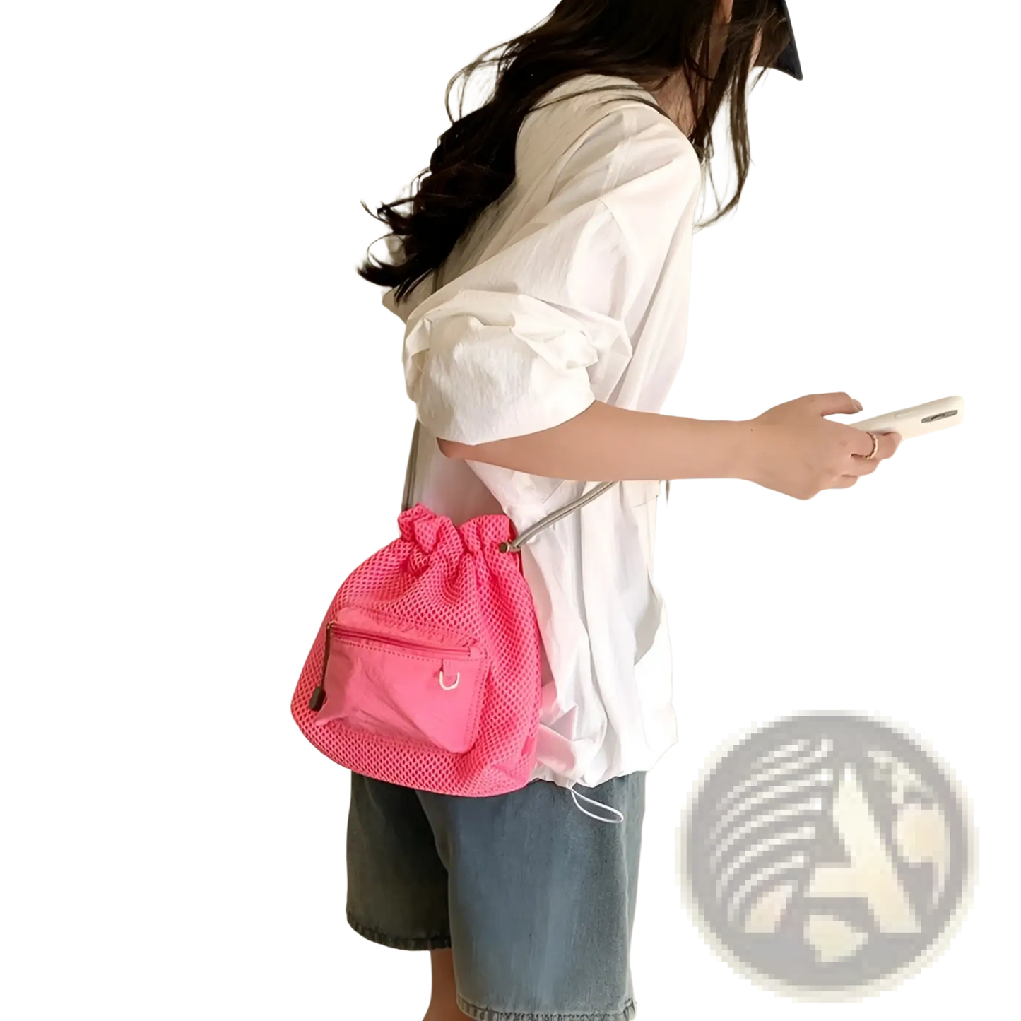 Mini Pink Mesh Drawstring Bucket Bag with Heart Charm