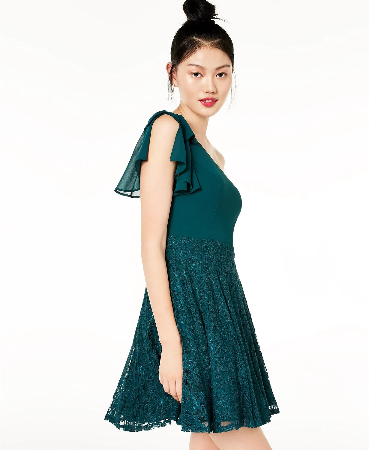 City Studios Juniors' Lace & Chiffon One-Shoulder Dress Green Size 11