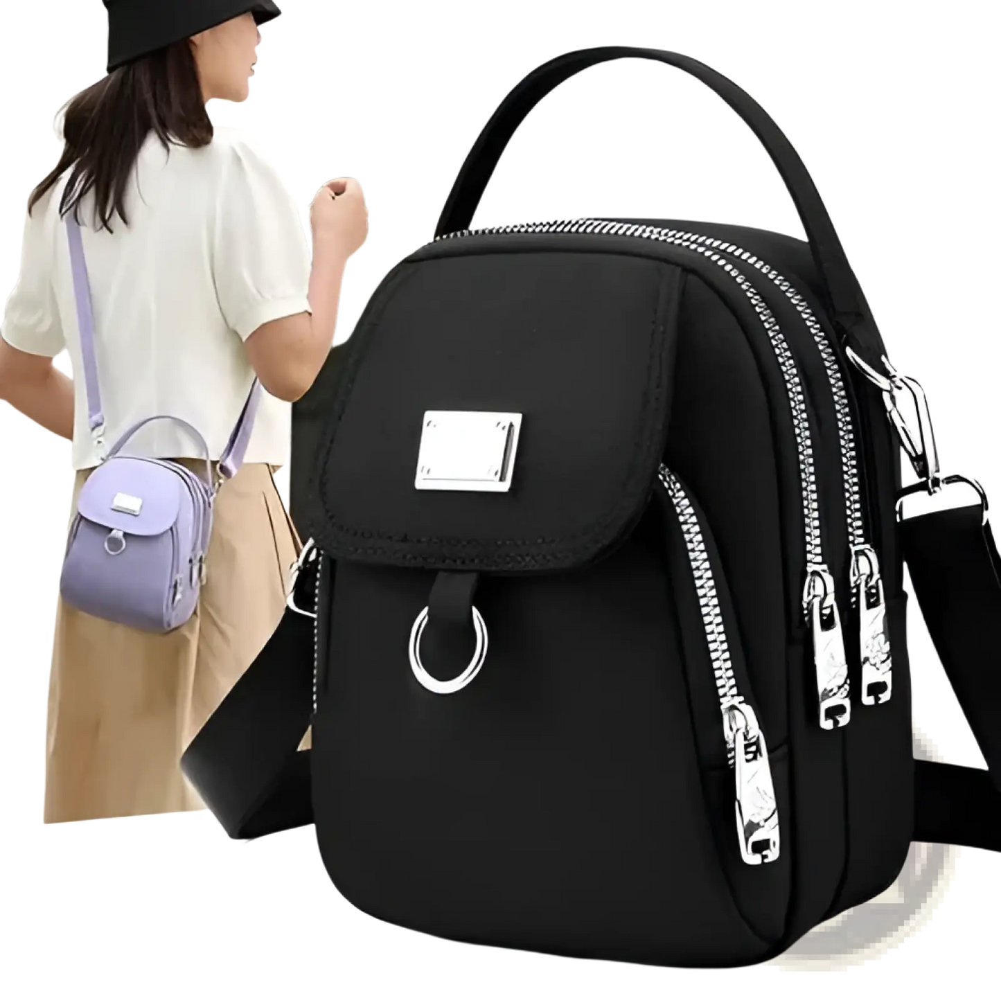 Multi Pocket Nylon Crossbody Bag with Earbud Case Attachment