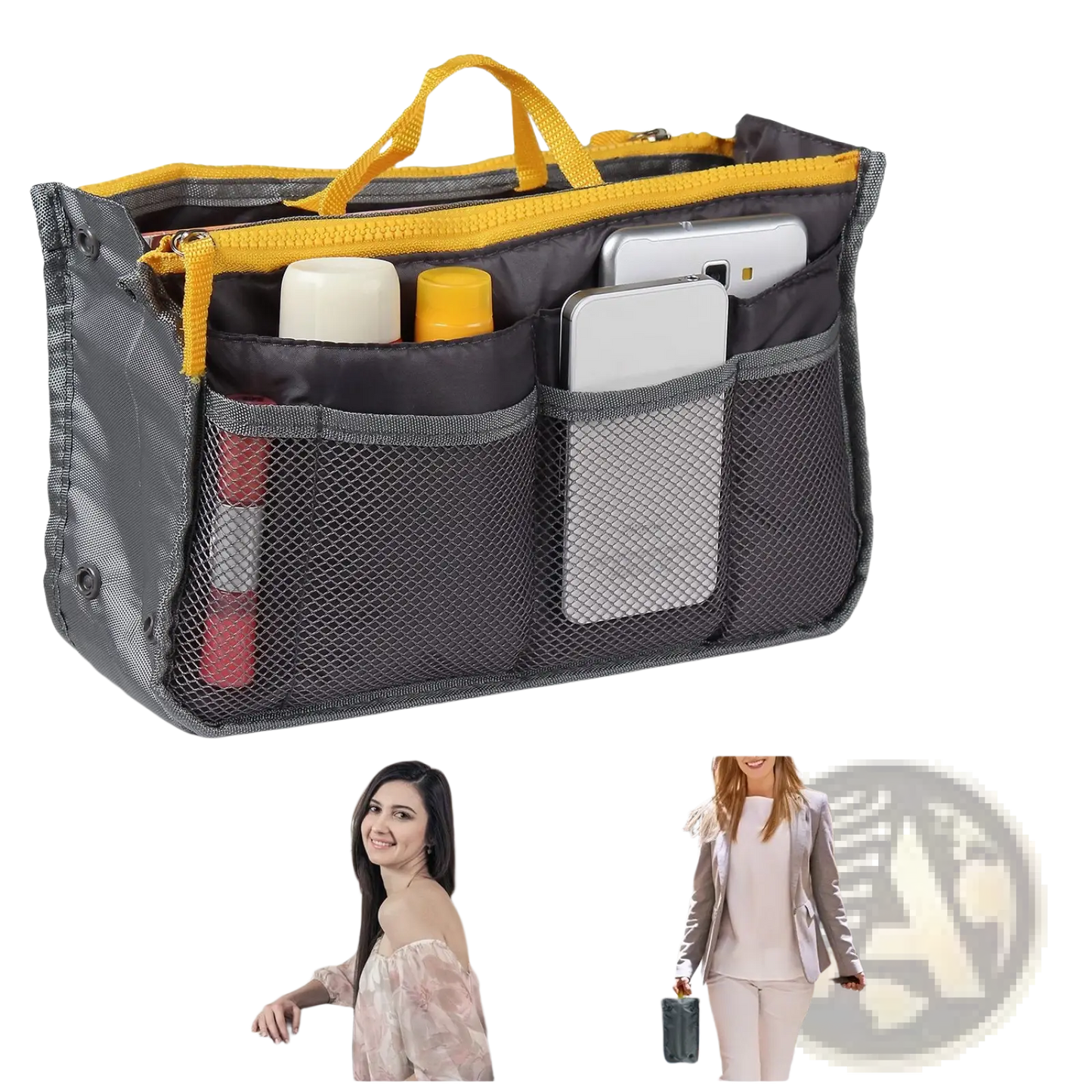 Multi-pocket Nylon Handbag Organizer with Dual Zippers