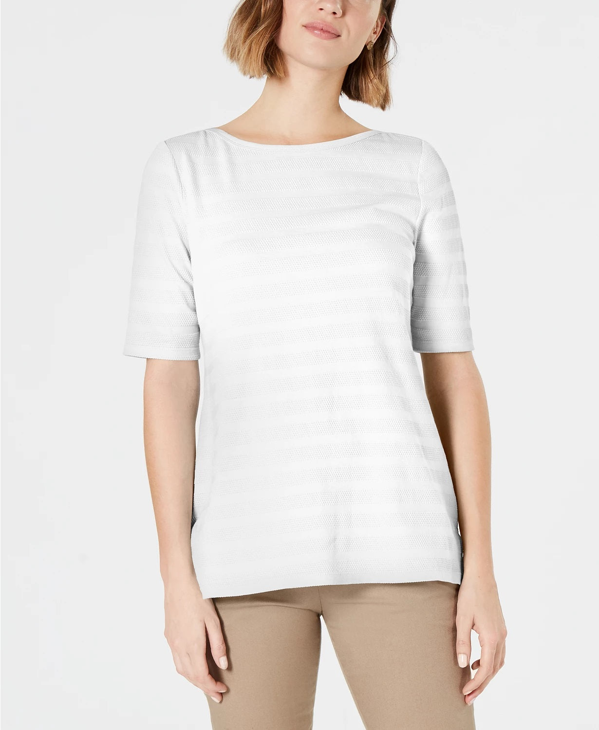 Charter Club Women's Cotton Texture-Striped Elbow-Sleeve Top White Size XX-Large