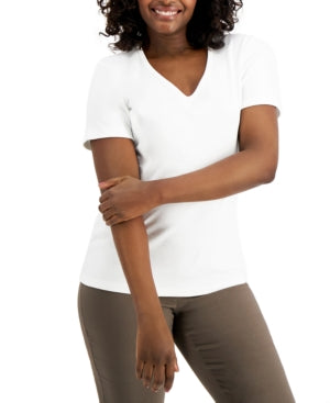 Karen Scott Women's Cotton V-Neck Top White Size Extra Small