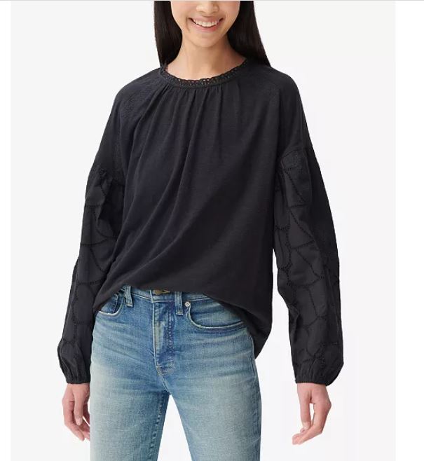 Lucky Brand Women's Lace Accent Cotton & Modal Knit Top Black Size Medium