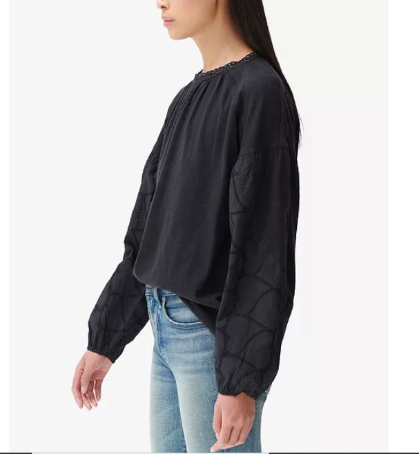 Lucky Brand Women's Lace Accent Cotton & Modal Knit Top Black Size Medium