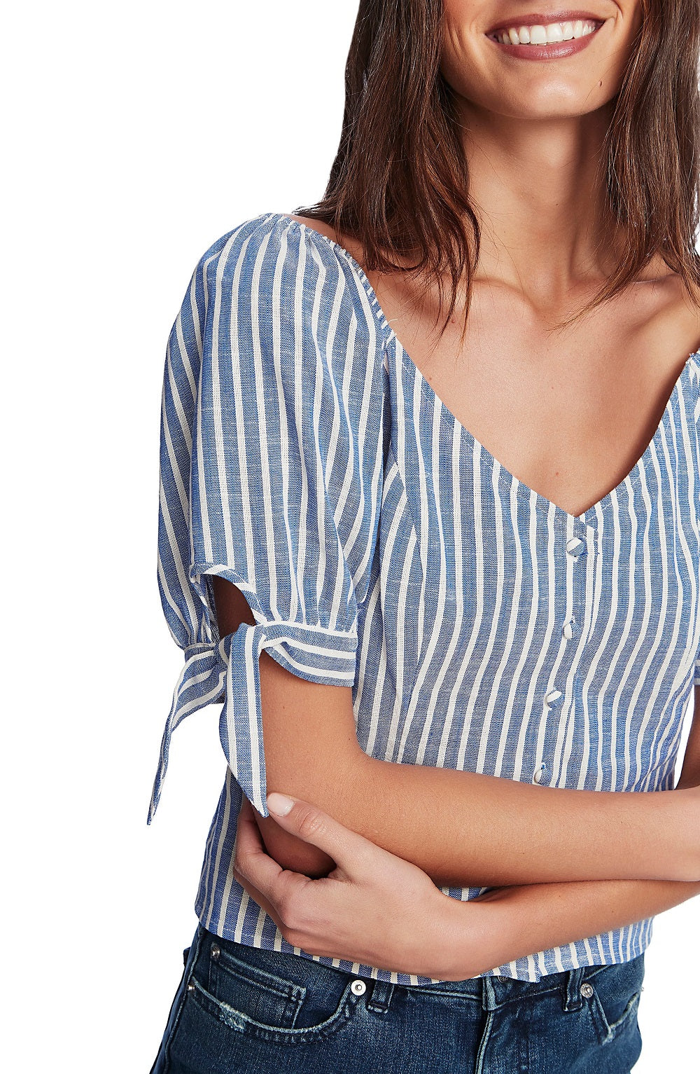 1.STATE Women's Riviera Stripe Tie Cuff Top Blue