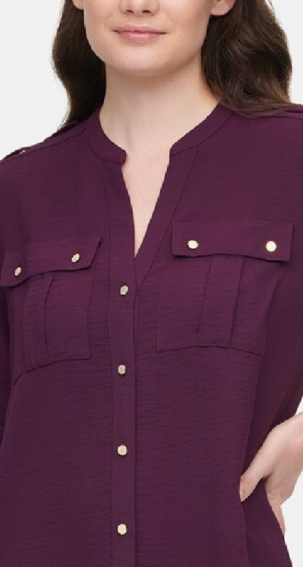 Calvin Klein Women's Textured Roll-Tab Blouse Purple Size Extra Large