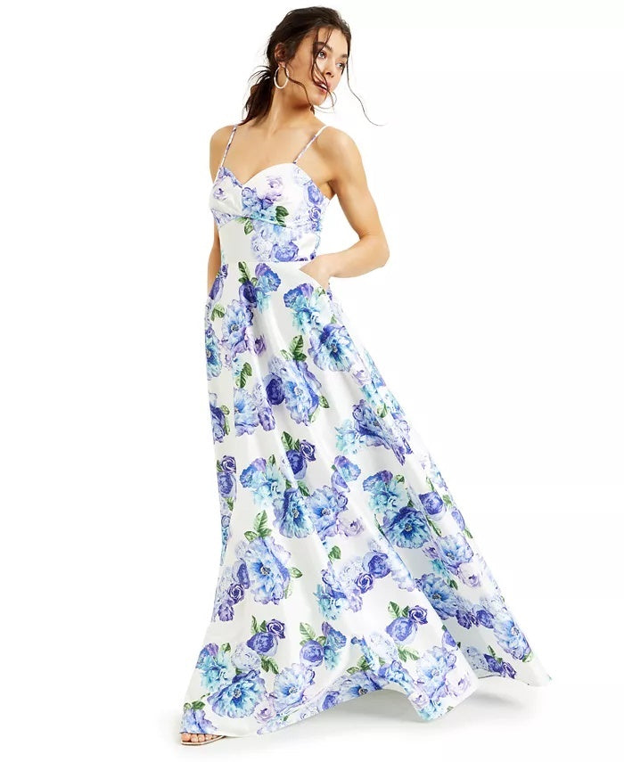 City Studios Juniors' Sparkle Floral- Dot Satin GownBlue Size 1