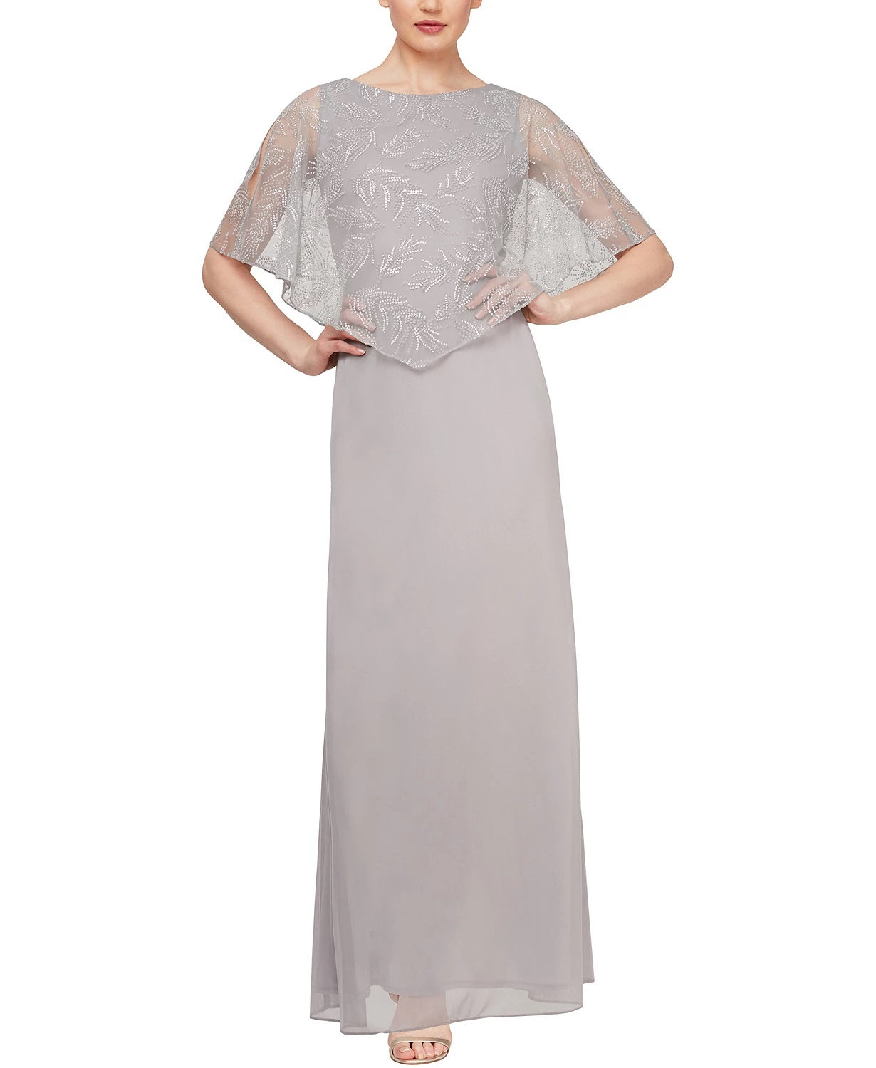 SL Fashions Women's Capelet Overlay Dress Grey Size 8 Petite