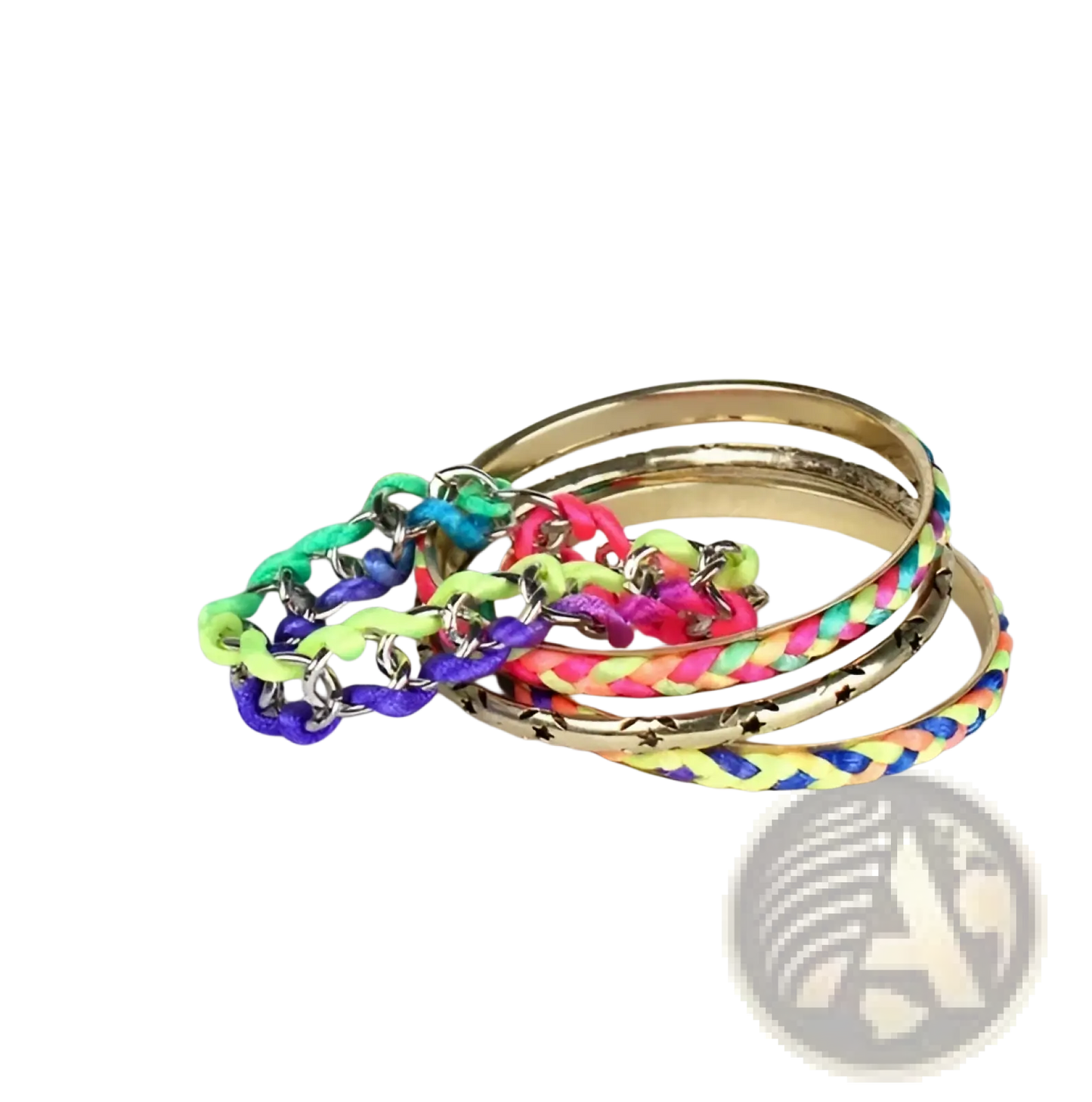 Neon Braided Gold Bangle Bracelet Set with Star Accents