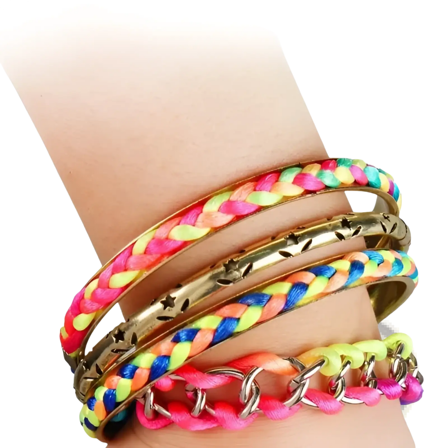 Neon Braided Gold Bangle Bracelet Set with Star Accents