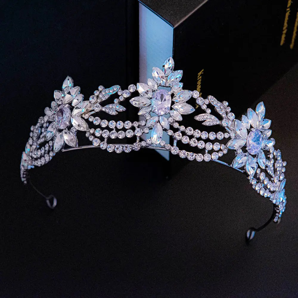Floral 3a Zirconia Silver Bridal Tiara with Pastel Crystals