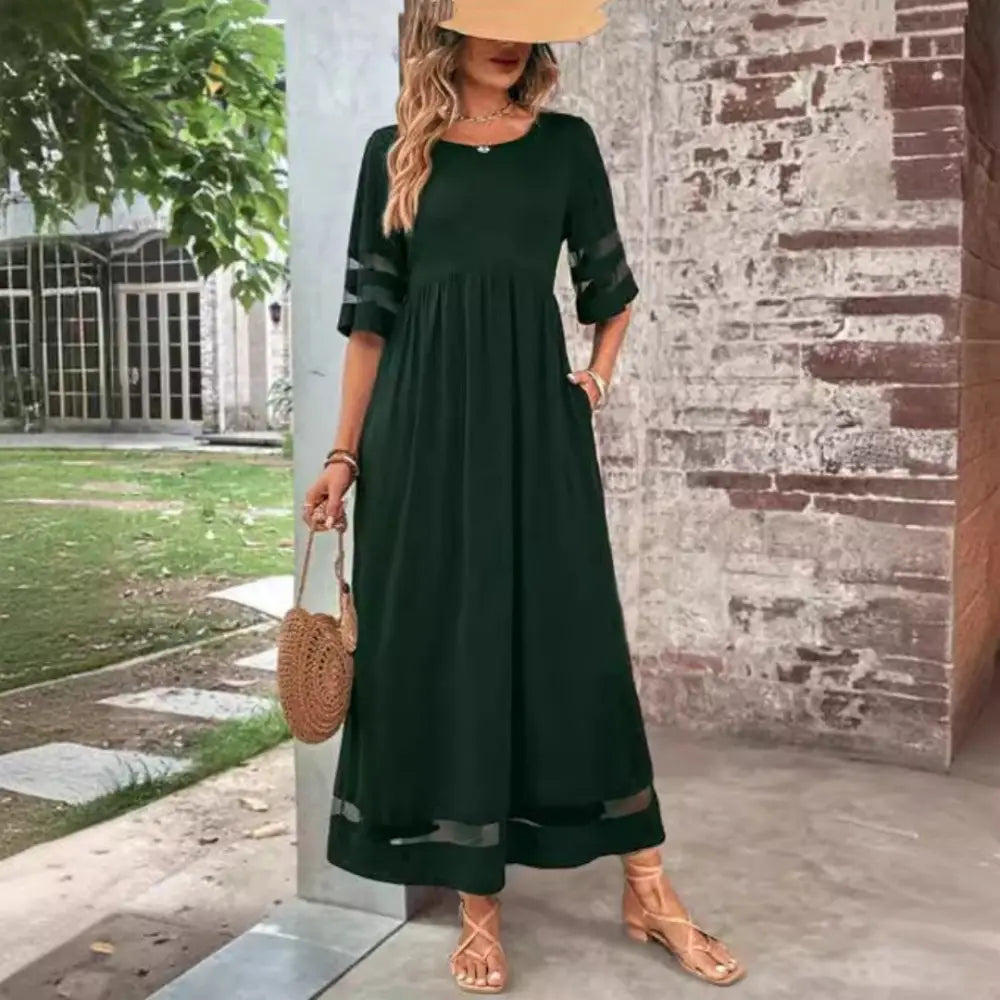 Mesh Patchwork Maxi Dress with Pockets and Sheer Accents
