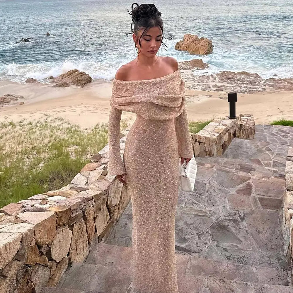 Shimmering one Shoulder Knit Maxi Beach Dress