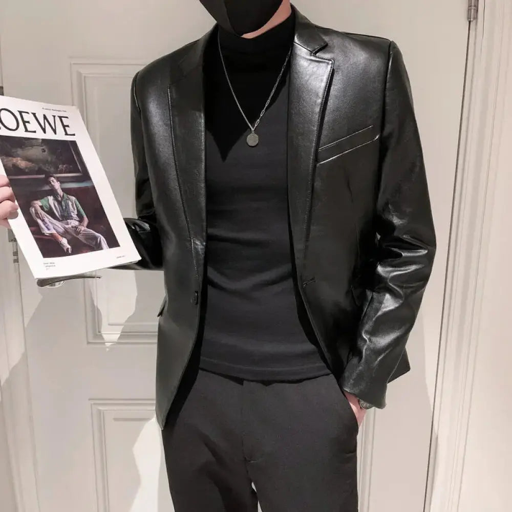 Men's Slim Fit Korean Polo Collar Pu Leather Jacket
