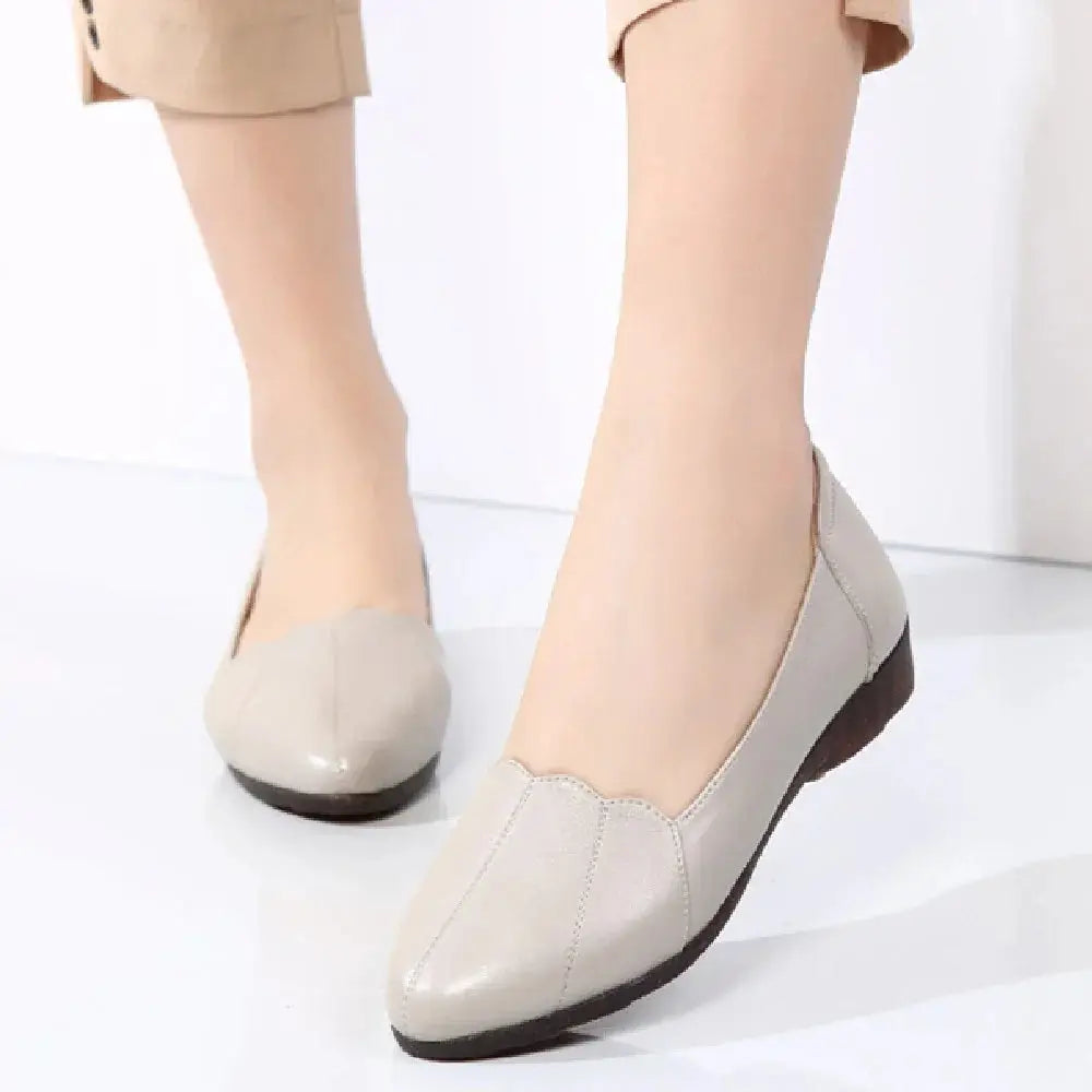 Scalloped Beige Leather Flats with Soft Cushioned Soles