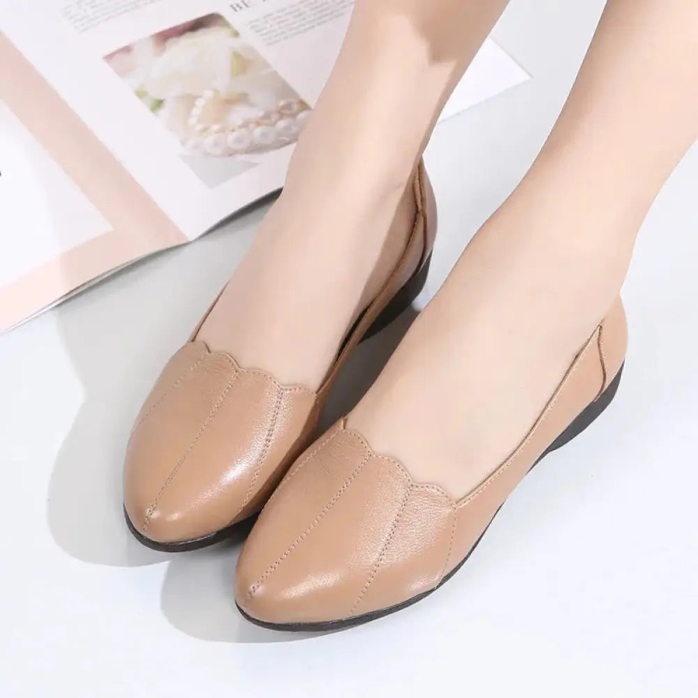 Scalloped Beige Leather Flats with Soft Cushioned Soles