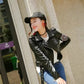 Studded Eye Embroidered Black Faux Leather Biker Jacket