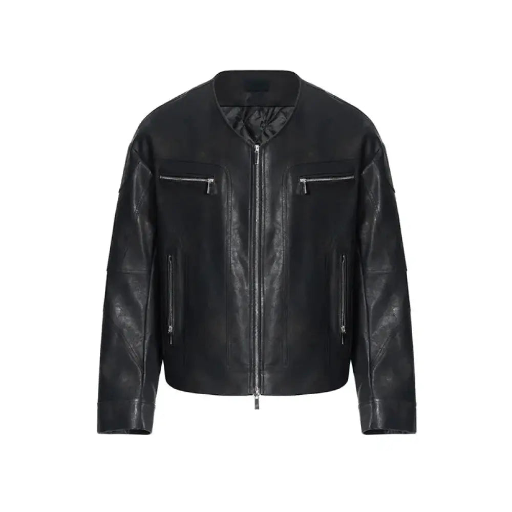 Men's V-neck Slim Fit Zipper Leather Bomber Jacket