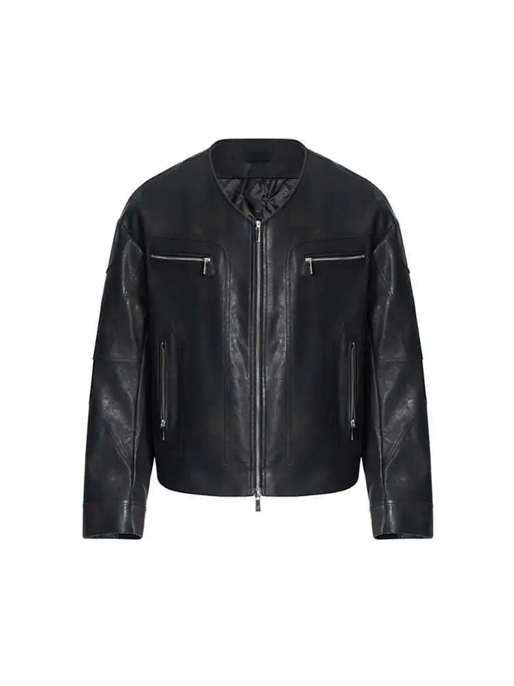 Men's V-neck Slim Fit Zipper Leather Bomber Jacket