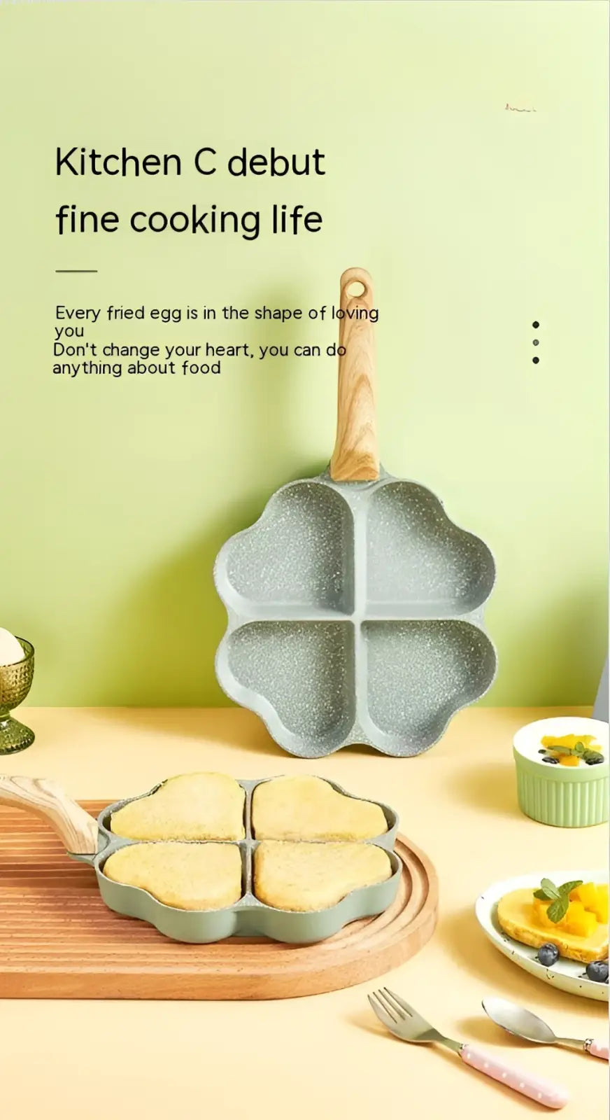 Nonstick Four Hole Egg Frying Pan with Wood Handle