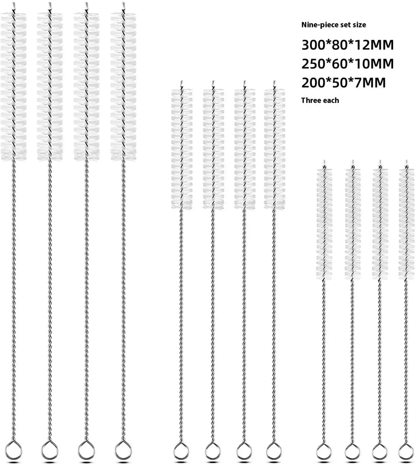 Nylon Straw Cleaning Brush Set Stainless Steel 10pc