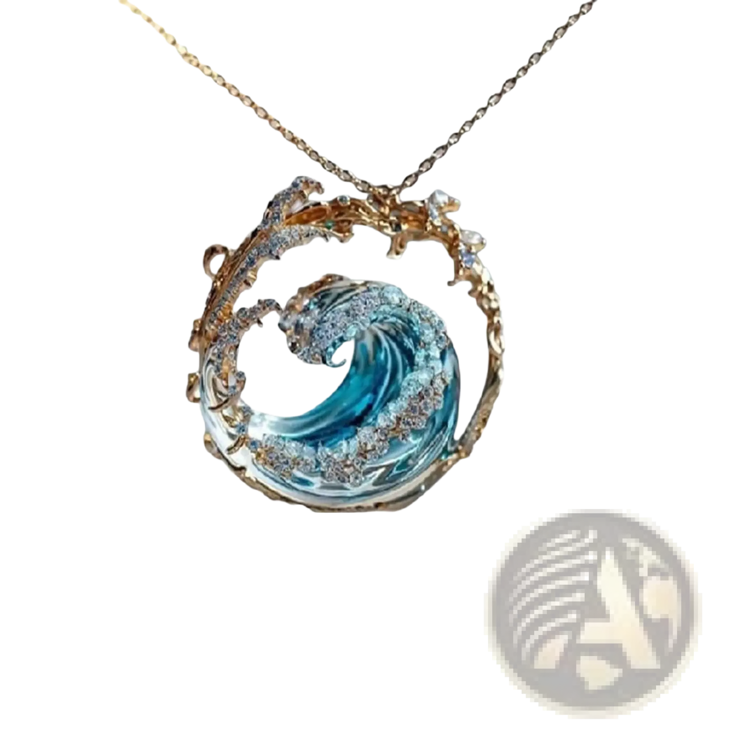 Ocean Wave Turquoise Glass Pendant Necklace with Gold Accents